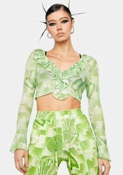 Somewhere Nowhere The Garden Print Mesh Ruffle Top Tops