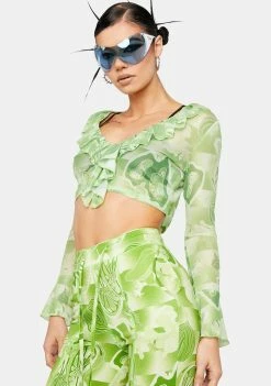 Somewhere Nowhere The Garden Print Mesh Ruffle Top Tops